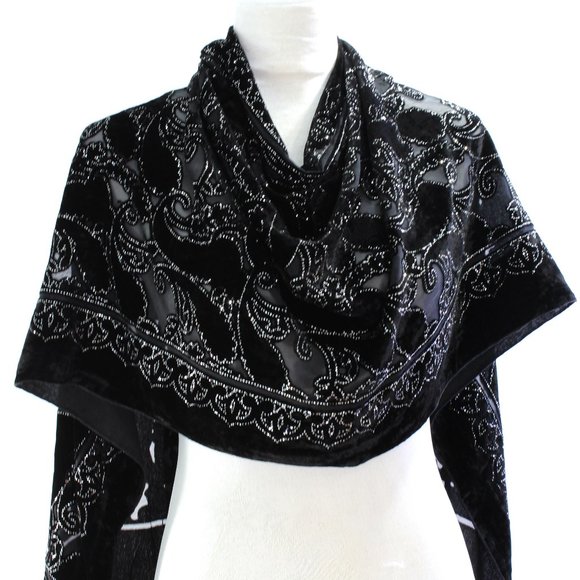 Black Silk Burnout Velvet Long Shawl Wrap Scarf - Picture 3 of 5
